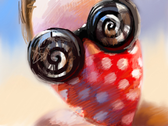 Face with spiral goggles on and red and white polka-dot bandana over mouth and nose..